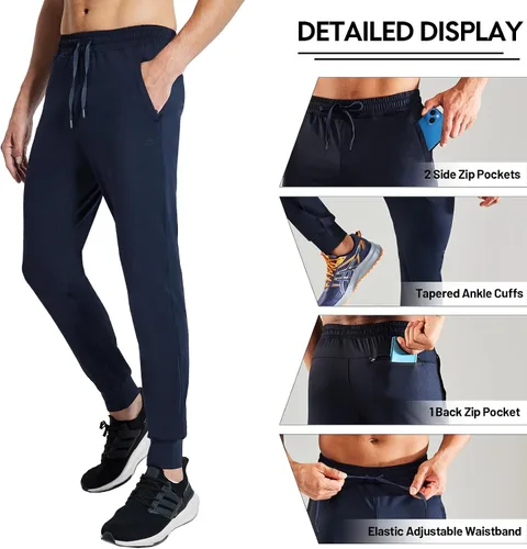 Vista 2 de Haimont Pantalones deportivos para hombre con bolsillos con cremallera, cintura elástica, ligeros, para correr, entrenamiento, gimnasio