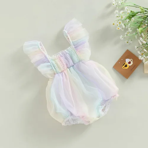 Vista 3 de Sasaerucure Traje de verano para bebé niña, sin mangas, mameluco de encaje tutú, mameluco de una pieza con volantes