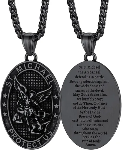 Vista 11 de FaithHeart Collar de San Miguel, acero inoxidable, chapado en oro de 18 quilates, amuleto colgante de San Miguel Arcángel para hombres y mujeres