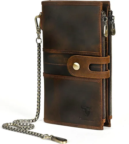 Vista 29 de Genuino Caballo Loco Cuero Regalo de Viaje Moneda Bolsillo Tarjetero Organizador Largo Cadena Rfid Cartera Monedero Con Broche Para Hombres Hombres