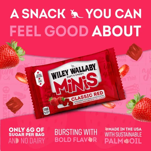 Vista 4 de Wiley Wallaby Mini bocados de regaliz rojo clásico, 2.0 onzas, bolsas de dulces de regaliz australiano suave y masticable, paquete de 18