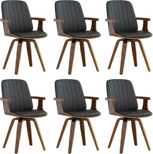 Vista 10 de WUPOTO Juego de 1 silla de comedor giratoria, silla de comedor moderna de mediados de siglo con artesanía de nogal, piel sintética tapizada, brazos