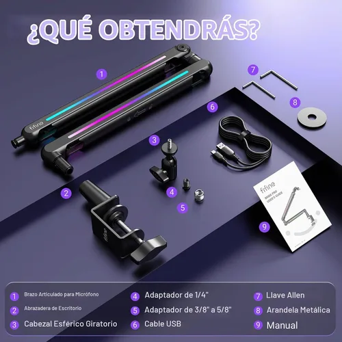 Vista 9 de FIFINE Brazo de brazo de micrófono de perfil bajo BM88Pro RGB para Negro