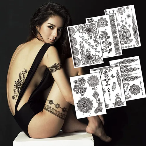 Vista 9 de 6 hojas de tatuajes temporales de henna negra para mujeres y niñas, calcomanías de tatuaje falsas de encaje, misterioso, sexy, mandala, flor, diseño