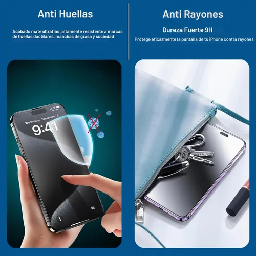 Vista 5 de Paquete de 2 protectores de pantalla de privacidad mate para iPhone 15 Pro Max con marco de fácil instalación, tacto suave y sensible, protección