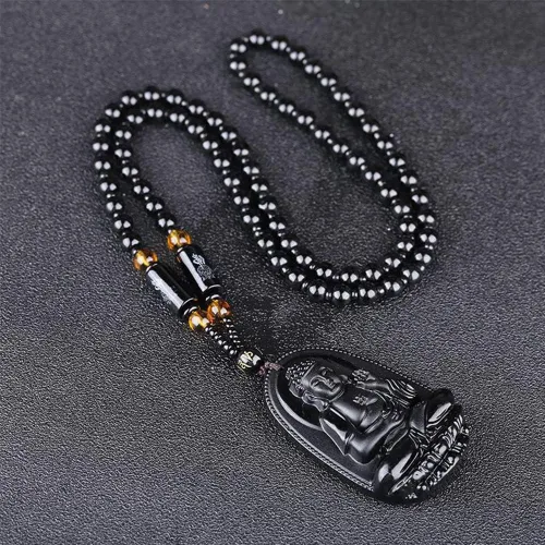 Vista 5 de Collar de Buda, collar de obsidiana negra para mujer, dije de Buda de buena suerte, cadena larga de cuentas que imita el budismo de jade, joyería