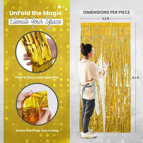 Vista 2 de RFAQK Paquete de 5 cortinas de flecos de papel de aluminio dorado de 3.3 x 8.2 pies para decoraciones de fiesta de cumpleaños, telón de fondo dorado
