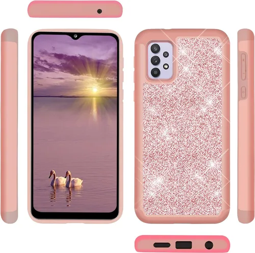 Vista 4 de TJS - Funda compatible con Samsung Galaxy A32 5G (oro rosa) with Tempered Glass Screen Protector Glitter Bling Cute Girls Women Design Dual Layer