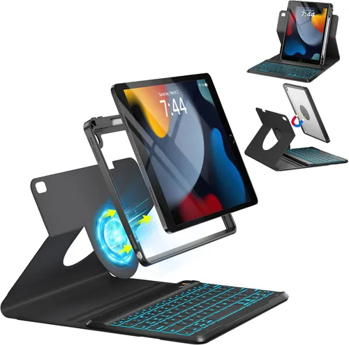 Vista 15 de OYEEICE Funda de teclado para iPad 6ª/5ª generación de 9.7 pulgadas, teclado inalámbrico desmontable retroiluminado de 7 colores, cubierta magnética