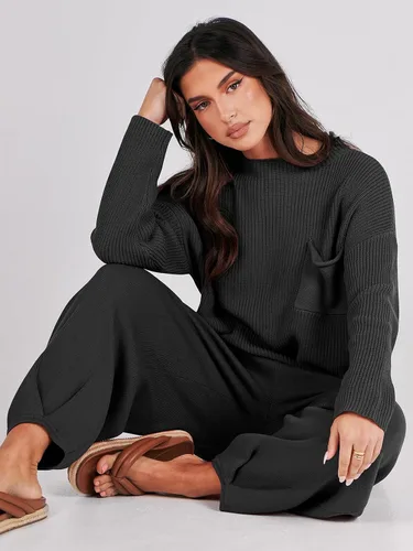 Vista 5 de Prinbara Conjunto de 2 piezas para mujer, suéter de punto para otoño, pantalones de gran tamaño, conjunto casual de descanso