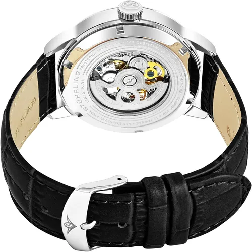 Vista 4 de Stuhrling Original Reloj esqueleto automático para hombre, correa de cuero negro, reloj ejecutivo mecánico plateado