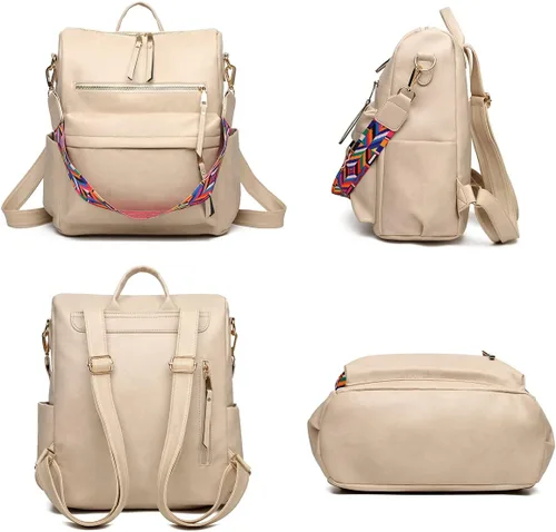 Vista 4 de Mochila para mujer bolsa de viaje de moda multiusos bolso de diseñador para mujer bolso de hombro de piel sintética Beige 123W x 134H x 63T Portátil
