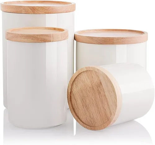 Vista 20 de Botes de Cocina Sweejar Tarro de Cerámica para Almacenamiento de Alimentos, Contenedores Apilables con Tapa de Madera de Sellado Hermético