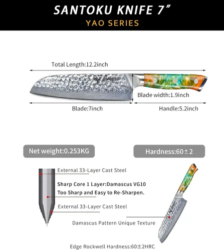 Vista 4 de Cuchillo Santoku de 7" - Cuchillo de chef japonés - Acero de Damasco martillado y mango de resina - Serie YAO
