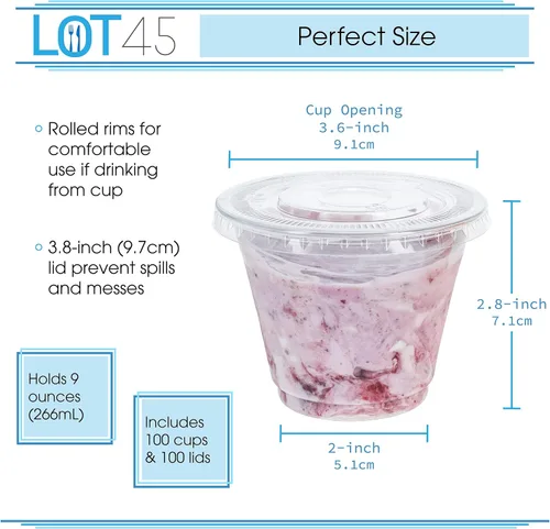 Vista 2 de Lot45 Vasos de postre de plástico con tapas, paquete de 100 vasos desechables de plástico transparente de 9 onzas y tapas para bebidas y aperitivos