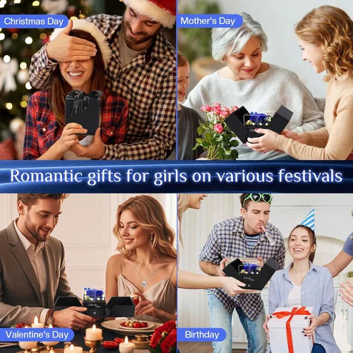 Vista 7 de Collar de rosas reales preservadas azules en caja con texto "I Love You" en 100 idiomas - Regalo único para mujeres, mamá, esposa, novia en el día