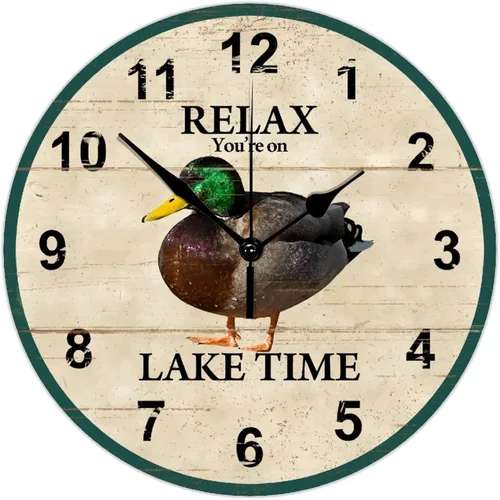 Vista 10 de Reloj de pared de madera de 10 pulgadas Relax You're on Lake Time con pato, funciona con pilas y manecillas de metal, reloj de pared