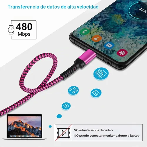 Vista 5 de Samsung S23 Ultra USBC Cable de carga rápida, cable USB C largo a USB A Android blanco+azul+roserd