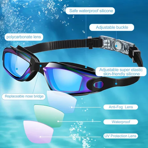 Vista 2 de Flutesan Paquete de 6 gafas de natación para adultos, antiniebla, con tapones para los oídos, clip para la nariz, sin fugas, protección completa