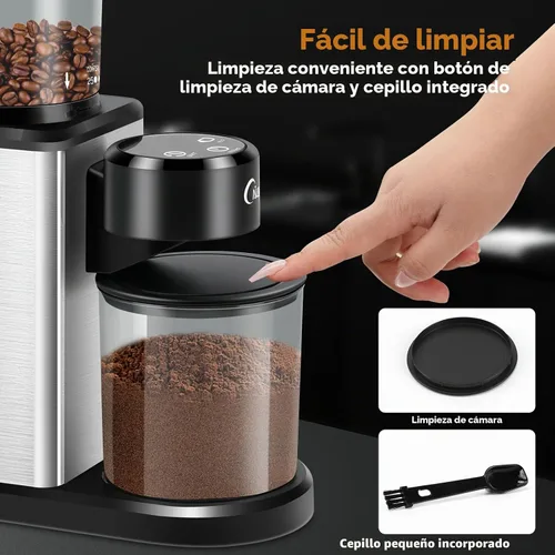 Vista 3 de Molinillo de café eléctrico para el hogar y cafeterías: molinillo de café automático de 25 ajustes con tolva expandible de 4.23 oz duradero