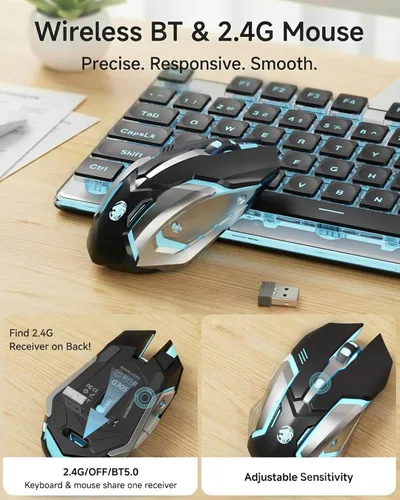 Vista 5 de SEUNKWANG EWEADN V3 Combo de Teclado y Mouse Inalámbrico con Retroiluminación Azul, Panel Metálico, Teclado y Mouse de Computadora Recargable