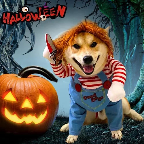 Vista 7 de Disfraz de perro de muñeca mortal para mascotas, divertido disfraz de Chucky de Halloween para perros pequeños, medianos y grandes, gatos