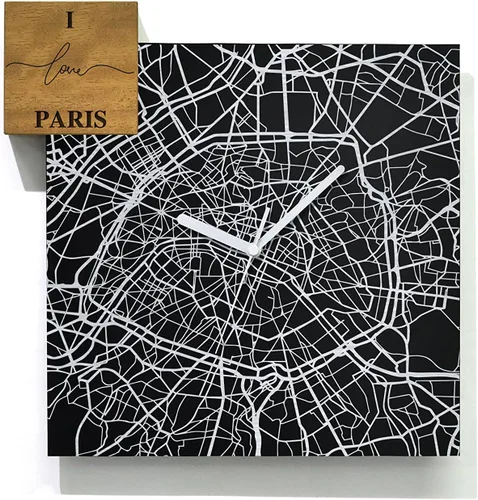 Vista 47 de Modern Wall Clock - Black Aluminum with Silver Fiber Laser Engraving - Square - Contemporary Design - Personalized City Map - Home Town - Location