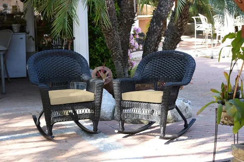 Vista 2 de Jeco Rocker - Silla de mimbre con cojín bronceado, juego de 2, color negro