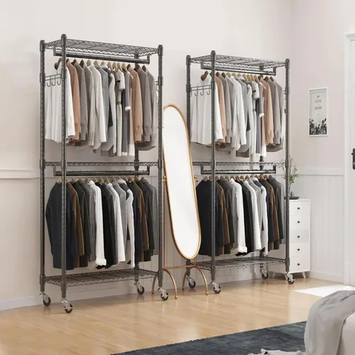 Vista 3 de BATHWA Perchero angosto de 2 niveles para colgar ropa, perchero portátil que ahorra espacio con ruedas y varillas dobles, 8 perchas, ajustable, Negro