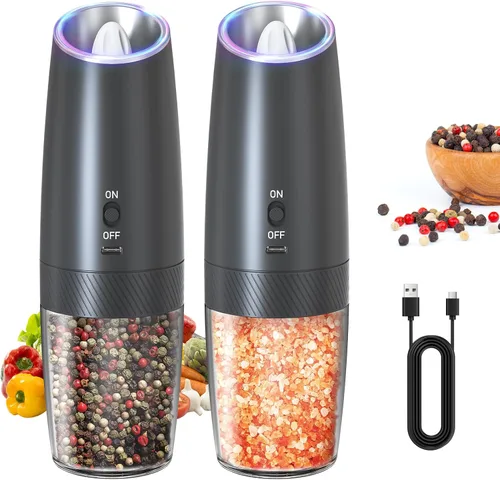 Vista 8 de CIRCLE JOY Gravity - Juego de molinillo eléctrico de sal y pimienta con luz LED, funciona con pilas, grosor ajustable, gran capacidad