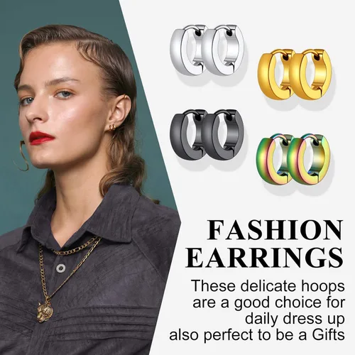 Vista 4 de Juego clásico de 345 pares de aretes de aro para hombres y mujeres, 0.118 in de ancho, de acero inoxidable, hipoalergénicos, joyería minimalista