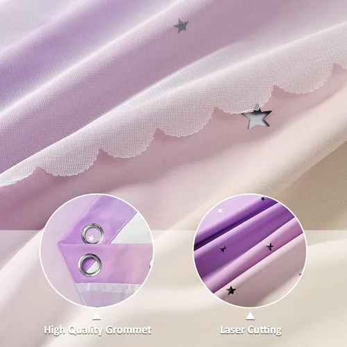 Vista 5 de Anjee Cortinas de estrellas para niñas, estilo recortado, 2 en 1, de doble Azul/Púrpura/Amarillo