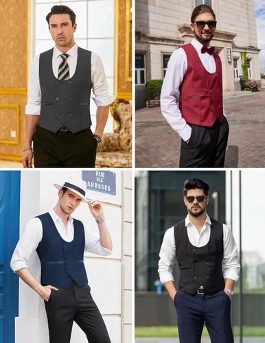 Vista 6 de COOFANDY Chaleco de traje para hombre, ajustado, doble botonadura, chaleco formal de negocios