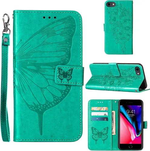 Vista 15 de Funda tipo cartera para iPhone 6/6S/7/8/SE 2022/SE 2020 (negro) Butterfly Floral Embossed Pattern, Wrist Strap, PU Leather, Card Holder Slots