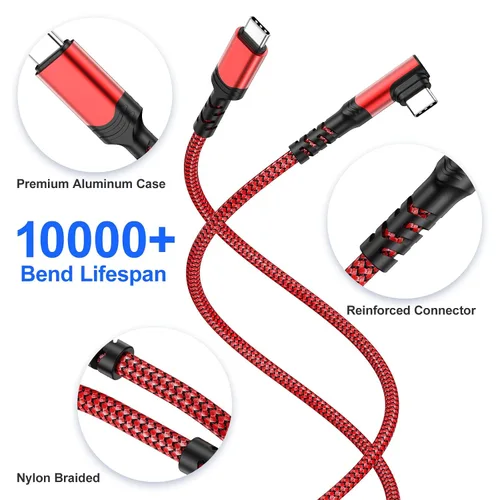 Vista 6 de Cable corto USB C a USB C de 60 W (1 pie, paquete de 3), cable USB-C trenzado de nailon de carga rápida en ángulo recto, cable de carga C de 90 Rojo