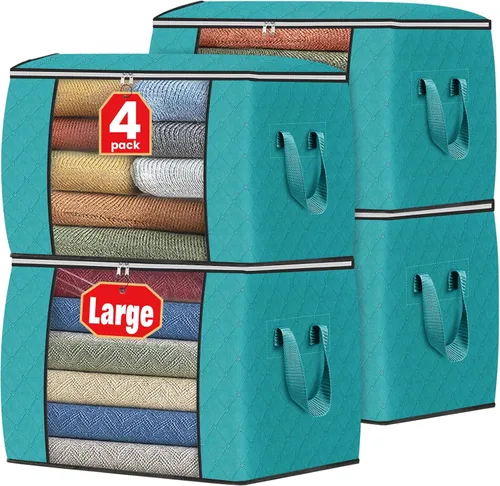 Vista 24 de Fab totes Paquete de 3 bolsas de almacenamiento plegables de tela gruesa, contenedores para organizar dormitorio, armario, ropa, edredón, Beige