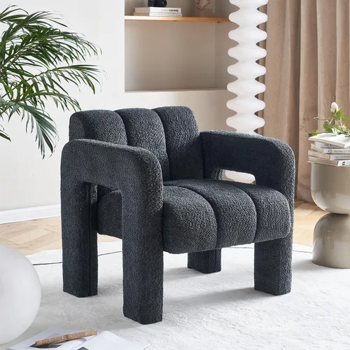 Vista 8 de Silla decorativa para sala de estar, moderna y cómoda silla de lectura para dormitorio, silla lateral tapizada de tela de boucle para sala de estar