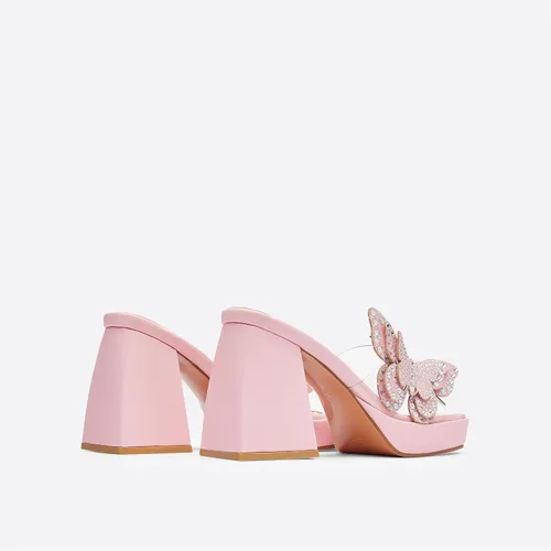 Vista 2 de NEWBELLA Sandalias de tacón alto de mariposa con diamantes de imitación, tacones gruesos con punta cuadrada abierta, pantuflas de verano sin