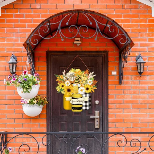 Vista 6 de Señal de bienvenida de abeja en madera, letrero de abeja amarilla, gnomo de flor de abeja, letrero de madera colgante para puerta, decoración
