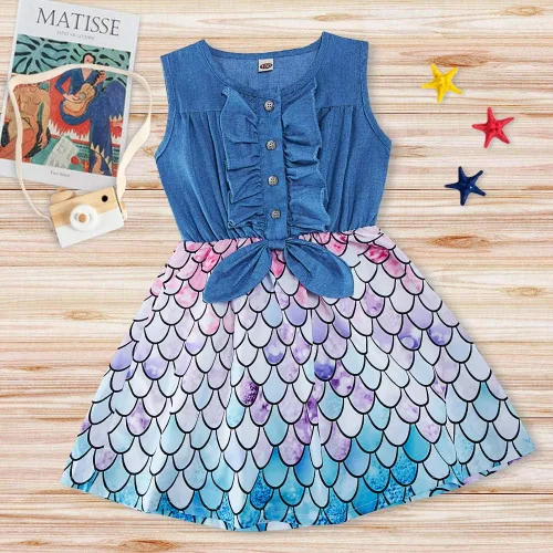Vista 2 de Enlifety - Vestidos de princesas para niñas pequeñas sin mangas blusa de mezclilla y faldas de tutú con estampado floral vestido de verano de una