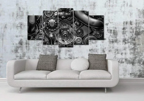 Vista 2 de VVOVV Wall Decor - Impresiones en lienzo de 5 piezas de equipo de ingeniería de motor y cadena, fotos en blanco y negro, arte de pared, decoración