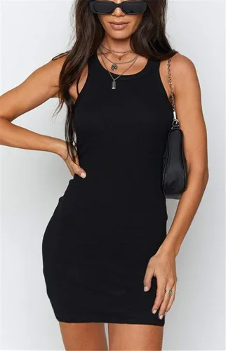 Vista 2 de Samefar - Vestido corto básico y ajustado, para mujer, diseño con cuello redondo, acanalado, sin mangas