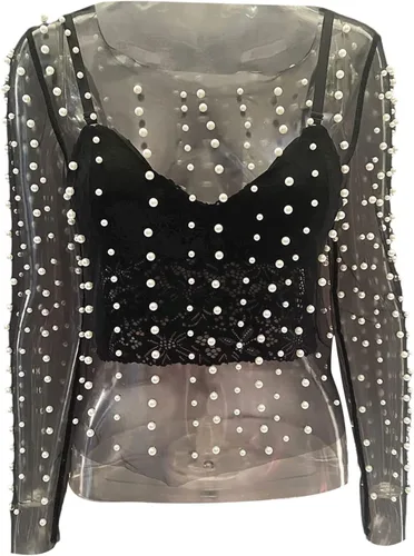 Vista 4 de Camisa de perlas de manga larga de malla transparente para mujer