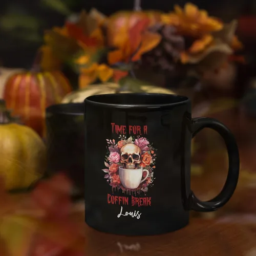 Vista 6 de Taza de café personalizada de Halloween 2023, taza de café de calavera floral, taza de Halloween personalizada con nombre, taza de cerámica floral