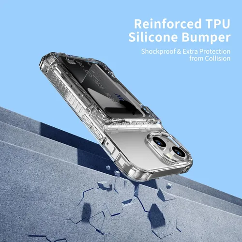 Vista 7 de ACANDYA Funda protectora transparente para iPhone 15 Plus, funda protectora para tarjetas de crédito, resistente a los golpes, antiarañazos