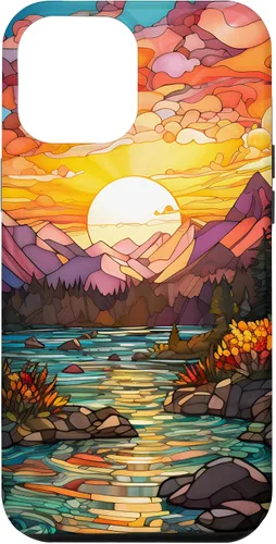 Vista 26 de iPhone 16 Sunset Stained Glass Mosaic Landscape Scene Case