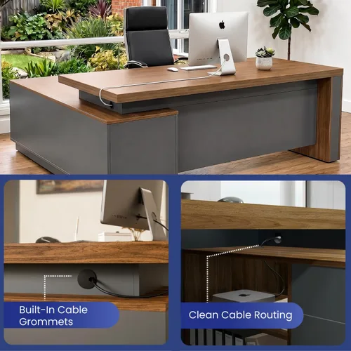 Vista 4 de OfficeSimpli - Escritorio ejecutivo en forma de L con cajones, 64 x 63 x 30 pulgadas, fabricado en Estados Unidos, envío mayormente ensamblado