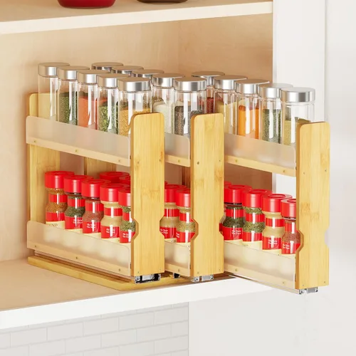 Vista 13 de SpaceAid Organizador de especias extraíble de bambú para gabinete, organizador de condimentos deslizante y resistente para despensa de cocina