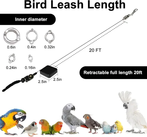 Vista 2 de Correa retráctil para pájaros, cuerda voladora de loro, correa de loro de cuerda de alambre antimordedura, arnés ajustable para pájaros