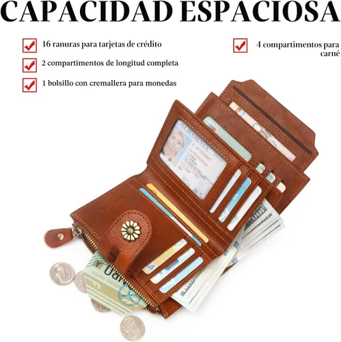 Vista 3 de Billetera para mujeres, billetera de cuero plegable de dos pliegues para mujeres con bloqueo RFID, compacta, tarjetero pequeño con ventana